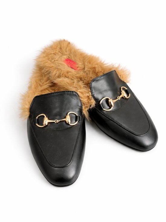 Catherine Malandrino Shoes - Catherine Malandrino Black Leather Fur Lined Mule Loafers Size 8 Gold Horsebit S